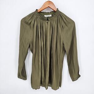 Halston Heritage Pleated Ruffle Collar Blouse Olive Green M NWT MSRP $250 Luxury